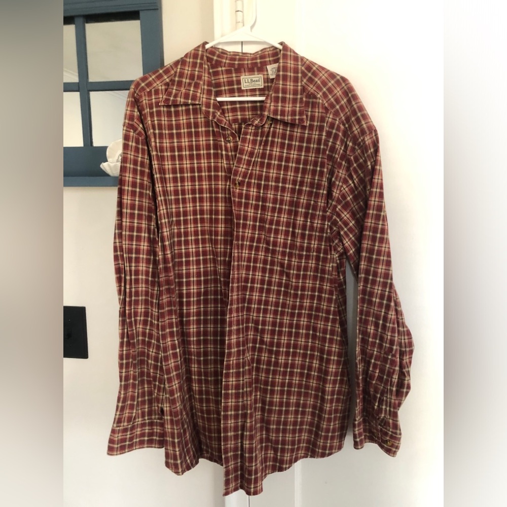 L.L. Bean Men's Burgundy and Cream Plaid Button-Down Shirt